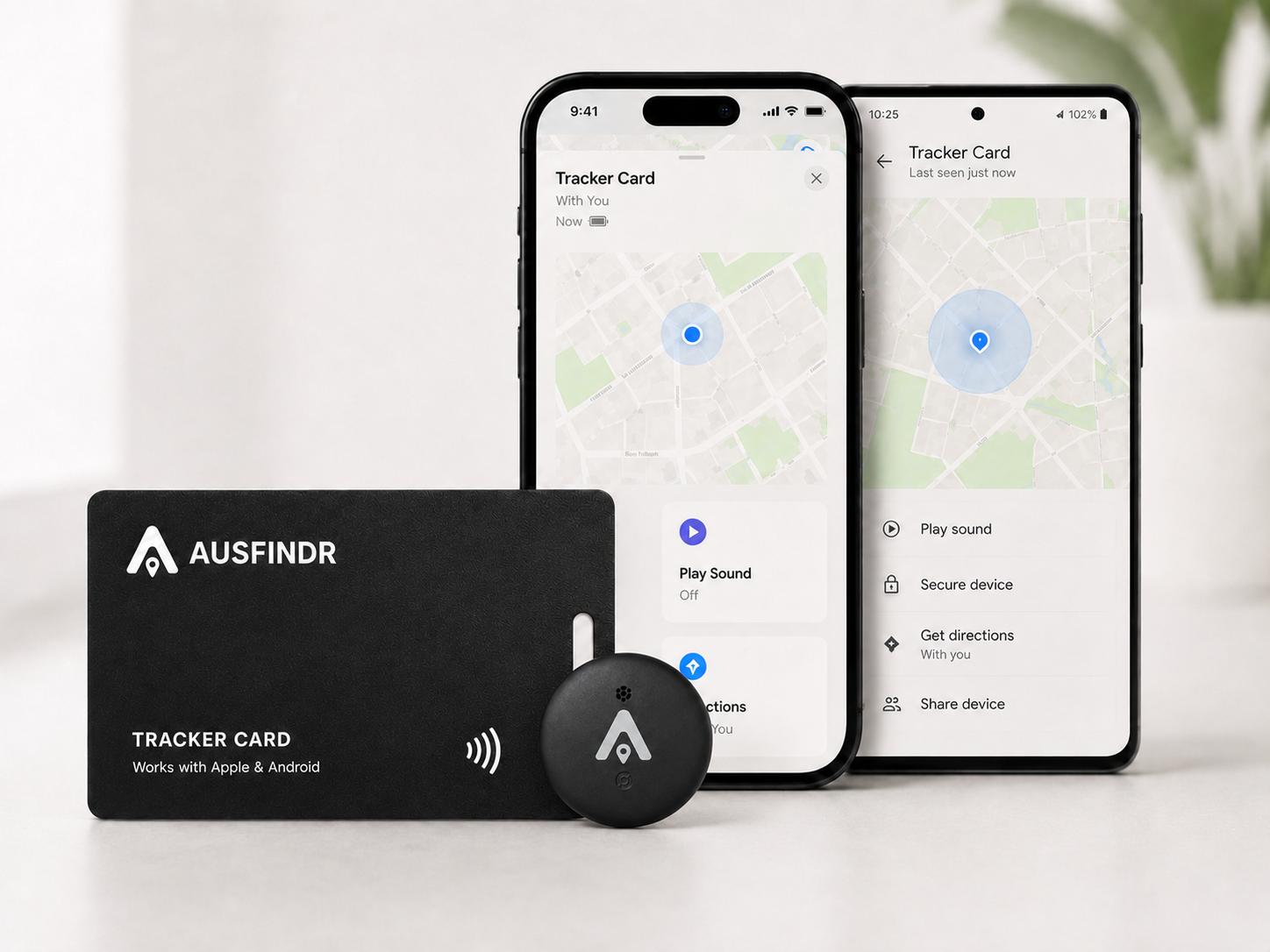 Ausfindr Card and Tag next to phones