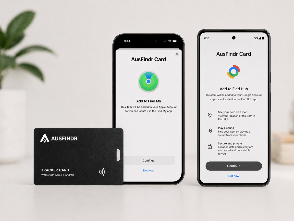 Ausfinder tracker card and smartphone app interface on a white background