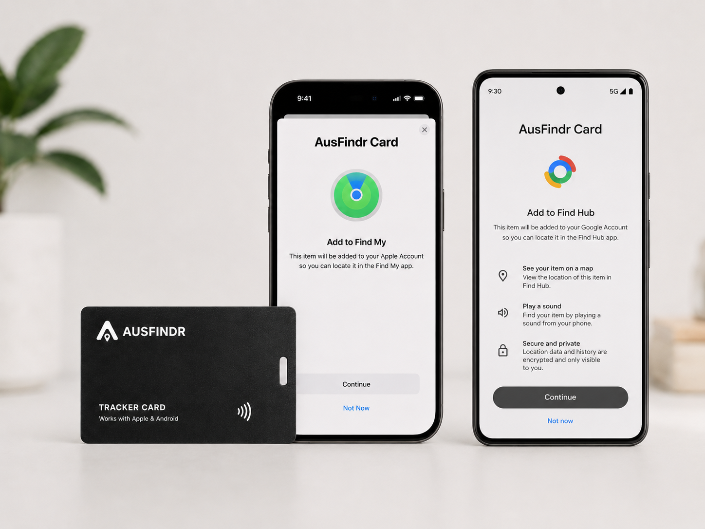 Ausfinder tracker card and smartphone app interface on a white background