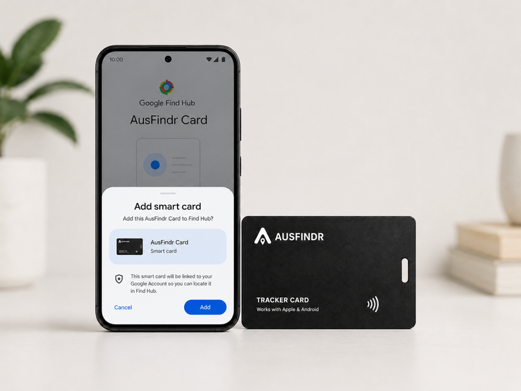 Smartphone displaying the AusFindr app with a tracker card on a light background