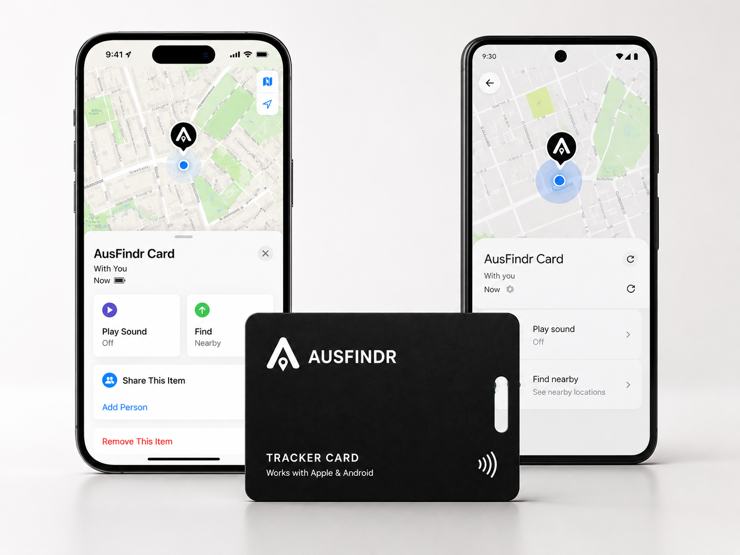 Two smartphones displaying the Ausfinder app interface with a black tracker card in front.